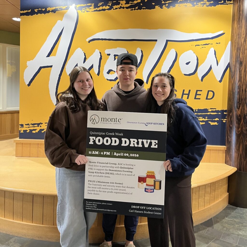 Our firm proudly partnered with Quinnipiac University’s (QU) Fraternity and Sorority Life for the 2026 Greek Week Food Drive, marking the second year of this initiative. This year, we supported the Downtown Evening Soup Kitchen, Inc. (DESK) in New Haven, CT, which serves individuals experiencing homelessness or poverty through food assistance and services that promote health, community, and equity. Fraternities and sororities teamed up and competed to collect as many items as possible between 11:00 AM and 4:00 PM on Thursday, April 9, 2026. Our firm offered a $1,000 donation to the team that collected the most items, to be directed to nonprofit organizations of their choice. The turnout this year was incredible! Together, the students collected 12,005 items, four times more than last year! Congratulations to Alpha Delta Pi Sorority, Pi Beta Phi Fraternity for Women, and Phi Delta Theta Fraternity, who took the top spot with an impressive 2,776 items collected. Due to the tremendous effort of the teams, we increased our donation to $1,500, allowing each winning organization to direct $500 to a nonprofit of their choice. We are grateful to everyone who participated and helped make this initiative a success. Thank you to Anthony Reid, Assistant Director of Fraternity and Sorority Life at QU, as well as Luis Olmo-Rivera and Stefano Mancini at DESK, for their support in bringing this event to life. We also appreciate the students from Common Ground High School in New Haven for helping with loading and unloading donations. It is inspiring to see so many communities come together to support those in need. We are proud to be part of an initiative that supports the local community and encourages students to give back, and we look forward to continuing this tradition next year!